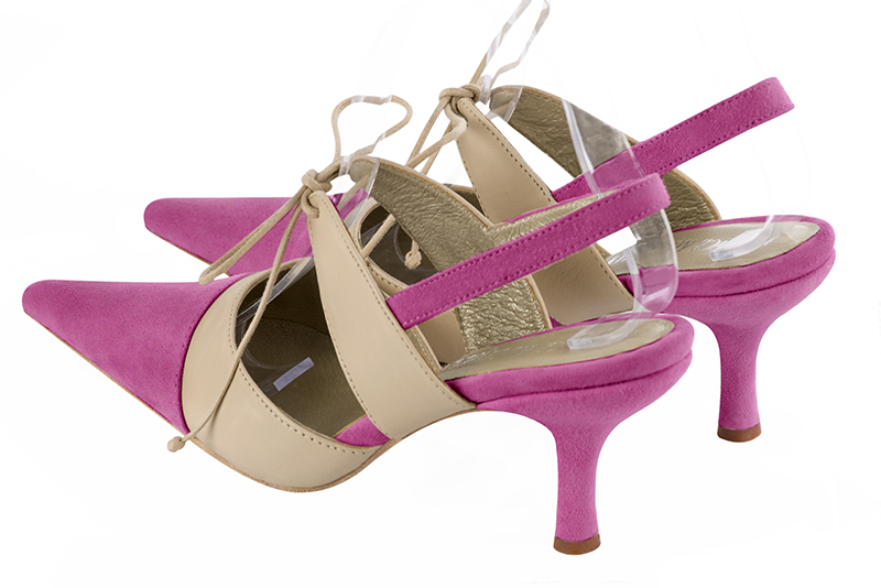Shocking pink and champagne beige women's open back shoes, with an instep strap. Pointed toe. High slim heel. Rear view - Florence KOOIJMAN